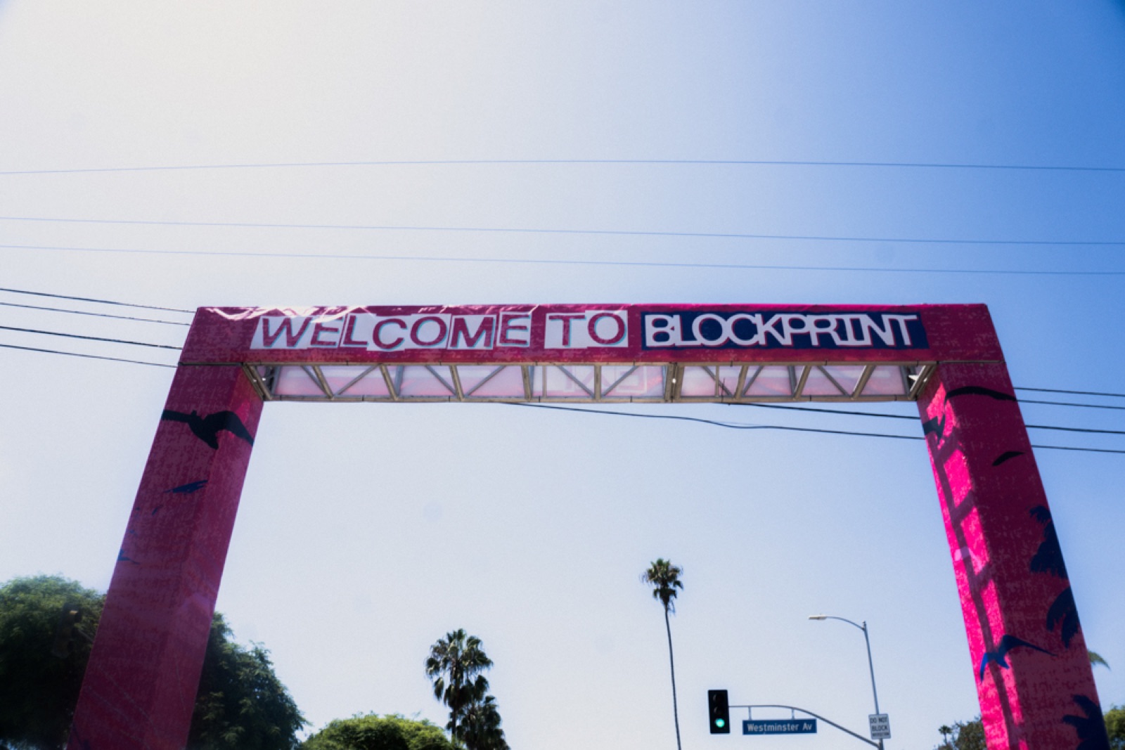 The Welcome to Blockprint arch over Abbot Kinney Blvd